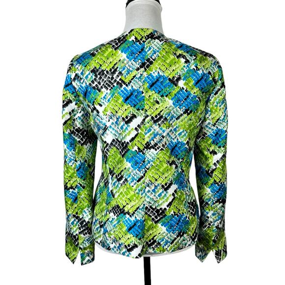 Kasper Bright Blue Green Reptile Print Collarless Open Front Jacket Blazer - Picture 2 of 12
